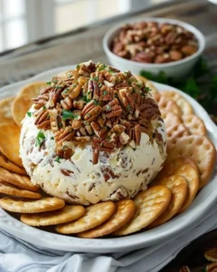 A delicious cheese ball served with crackers and fresh herbs