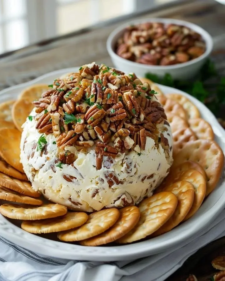 A delicious cheese ball served with crackers and fresh herbs