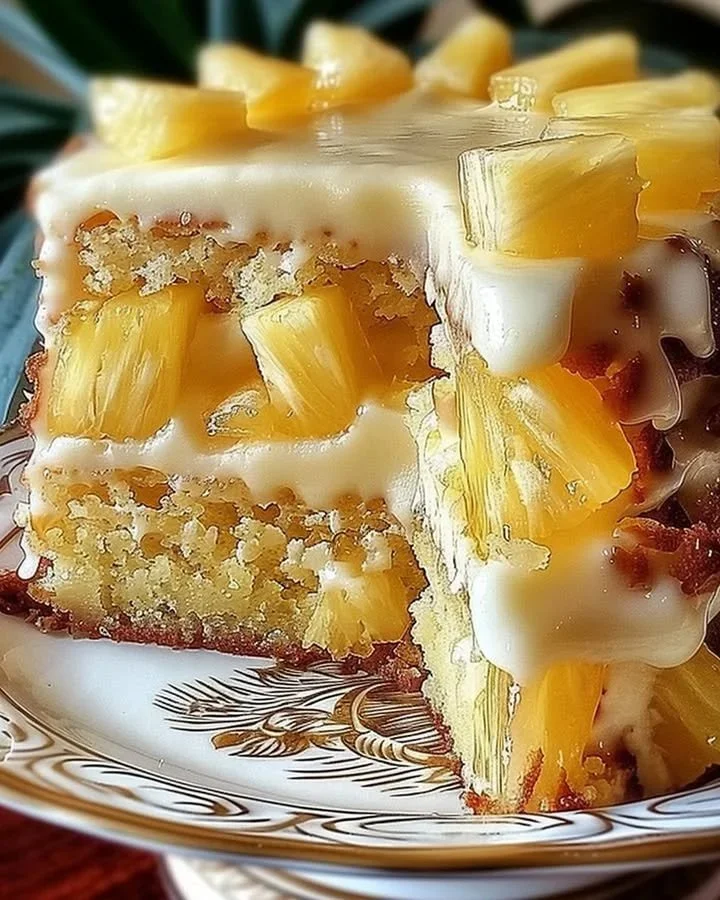 Tropical Pineapple Cake topped with fresh pineapple slices and whipped cream