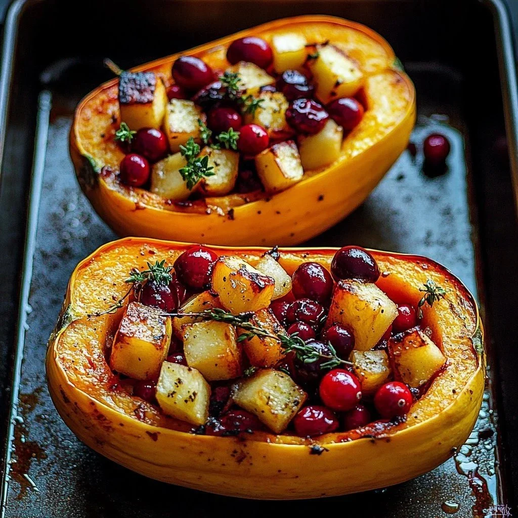 Twice-Baked Cranberry Apple Sweet Potatoes topped with a sprinkle of nuts and herbs