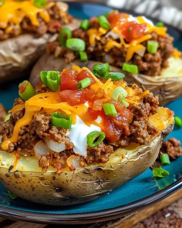 Twice stuffed taco potatoes topped with cheese and fresh cilantro