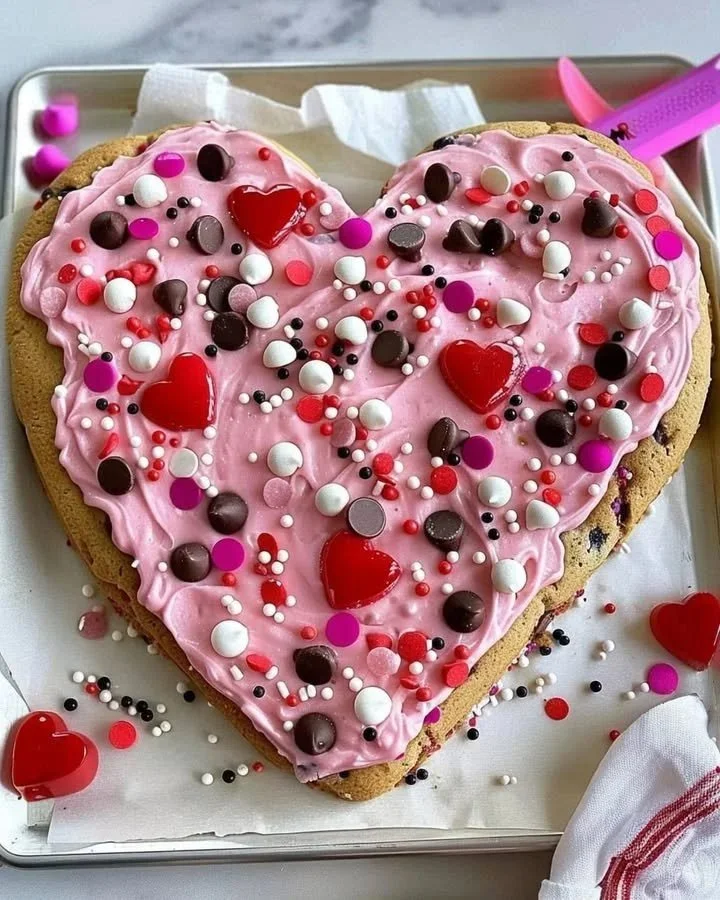 Valentine's heart cookie cake decorated with icing and sprinkles