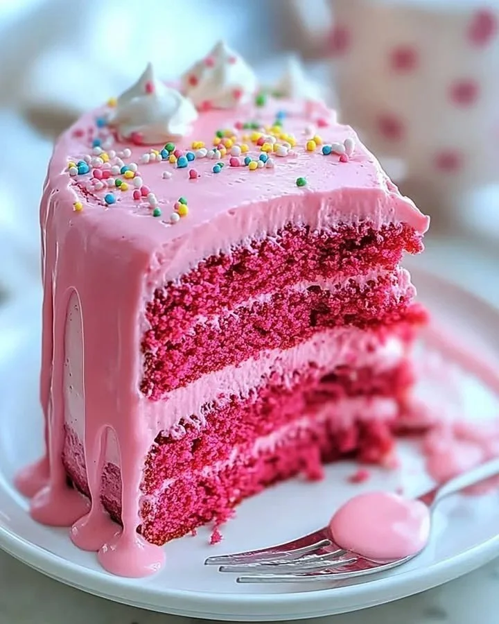 A delicious Velvet Pink Cake decorated with pink frosting and flowers.
