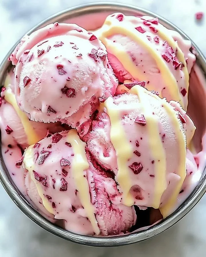 Creamy Velvet White Chocolate Ice Cream in a bowl with toppings