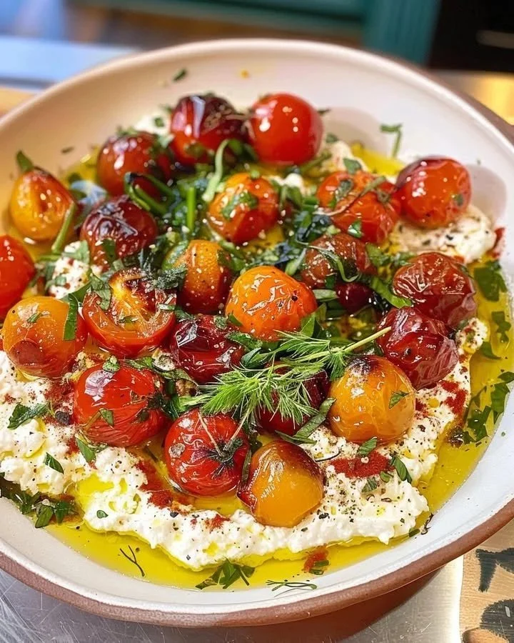 Whipped feta spread with cherry tomato confit served in a bowl