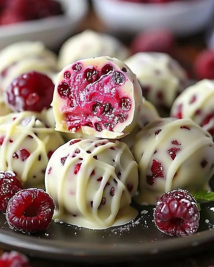 Delicious white chocolate raspberry cheesecake bites presented on a plate.
