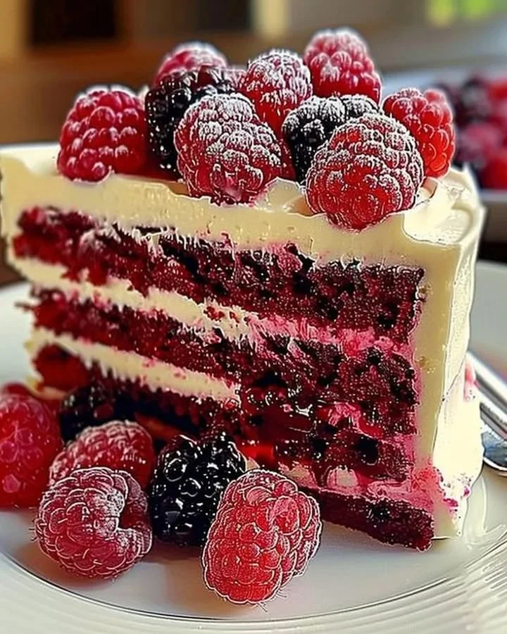 White Chocolate Raspberry Delight Cake topped with fresh raspberries and chocolate shavings
