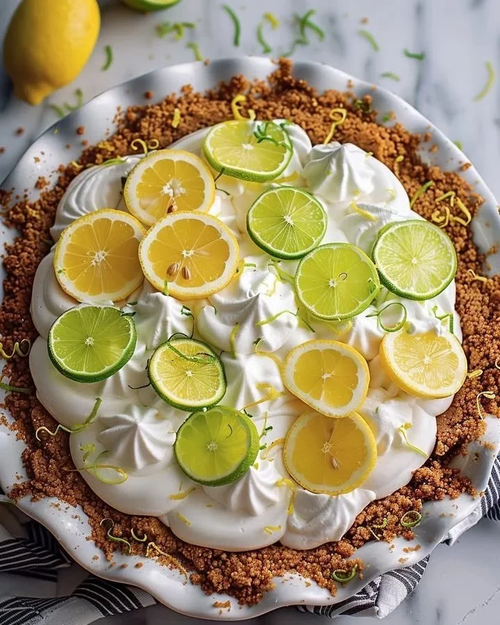 Zesty lemon lime icebox pie garnished with whipped cream and lime slices