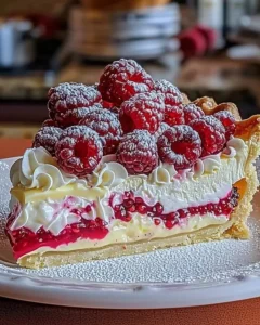 Zesty Lemon Raspberry Pie topped with fresh raspberries and lemon slices.