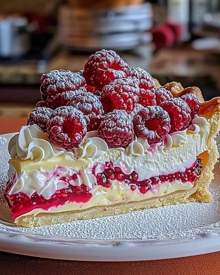 Zesty Lemon Raspberry Pie topped with fresh raspberries and lemon slices.