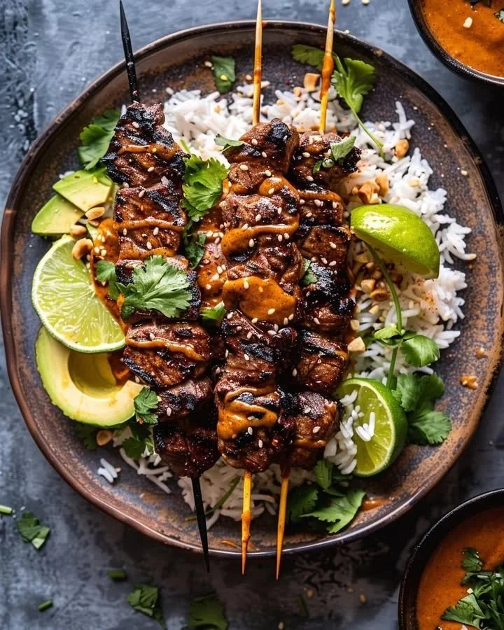 Zesty Thai Peanut Steak Skewers grilled to perfection with a flavorful peanut sauce