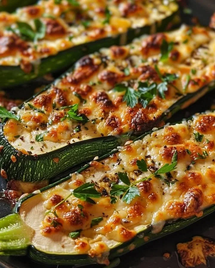 Zucchini steaks topped with garlic and cheese, grilled to perfection.